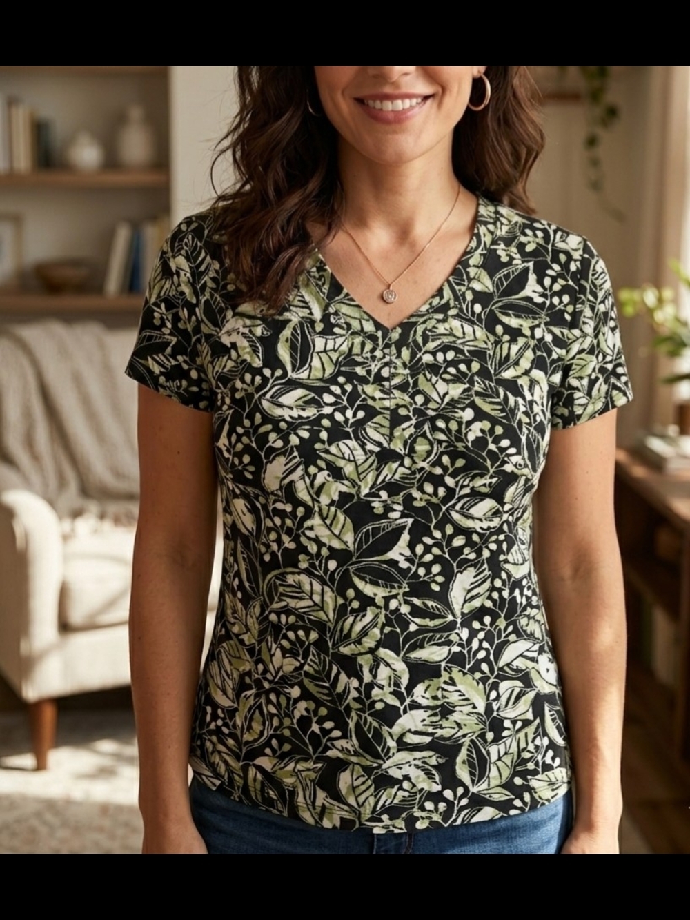 Rena Rowan Black V-Neck Top with Green Leaf Print